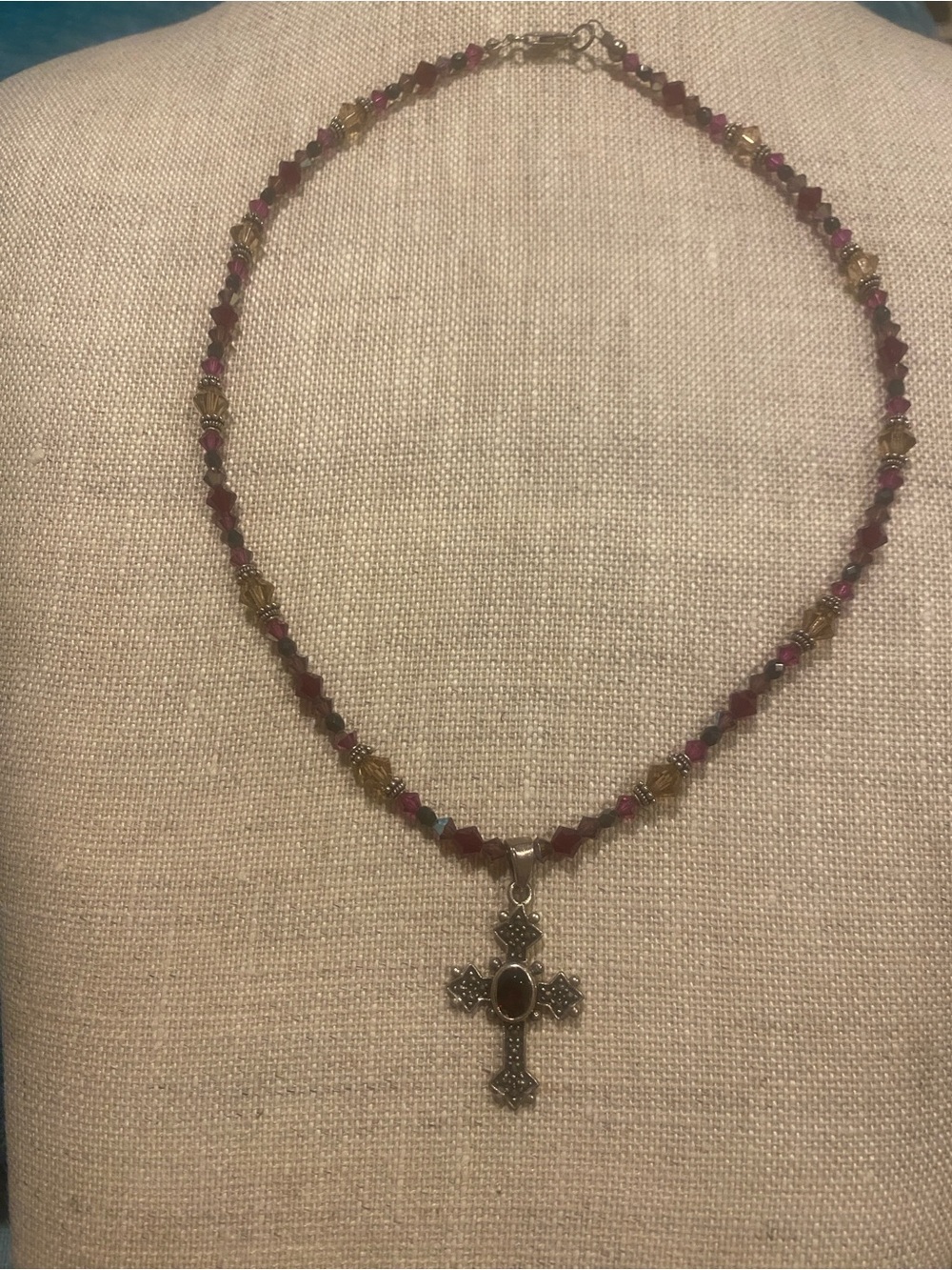 Ruby and Gold Beaded Cross Necklace